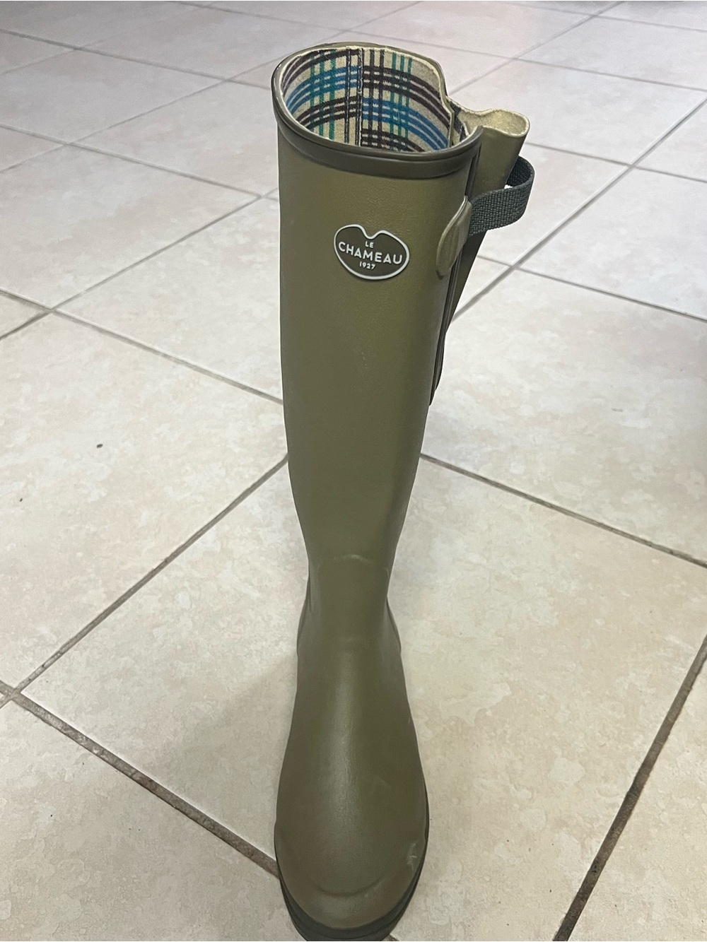 le Chameau Olive Green Tall Rain Boot with Plaid Lining